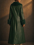 Women Vintage Faux Leather Maxi Trench Coat with Faux Fur Trim