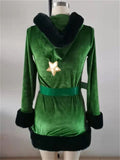 Women's Green Christmas Performance Costume Zip Up Pullover Hooded Dress