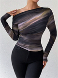 ‌Women's Marble Print Off One-Shoulder Long Sleeve Shirts