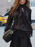 Women's Solid Color Lace Up Tie-neck Long Sleeve Casual Blouses