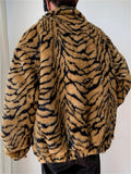 Men's Retro Winter Tiger Print Cardigan Faux Fur Coat