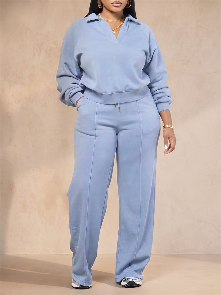 Women 2 Piece Casual Polo Wide Leg Lounge Set Sweatsuit