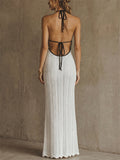 Women Contrast Trim Backless Sexy Beach Resort Halter Knit Maxi Dress