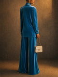 Women Vintage Velvet Turtleneck Top and Wide Leg Pants 2 Piece Lounge Set