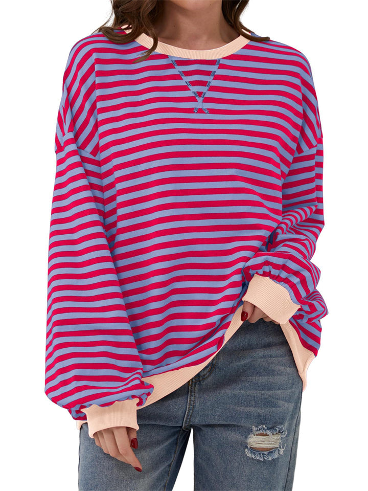 Women's Stylish Long Sleeved Striped Sweatshirts for Spring Autumn