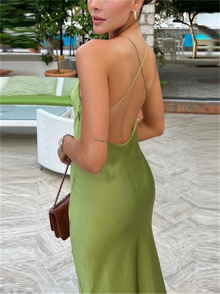 Women's Summer Solid Color Satin Halter Strap Cocktail Dress