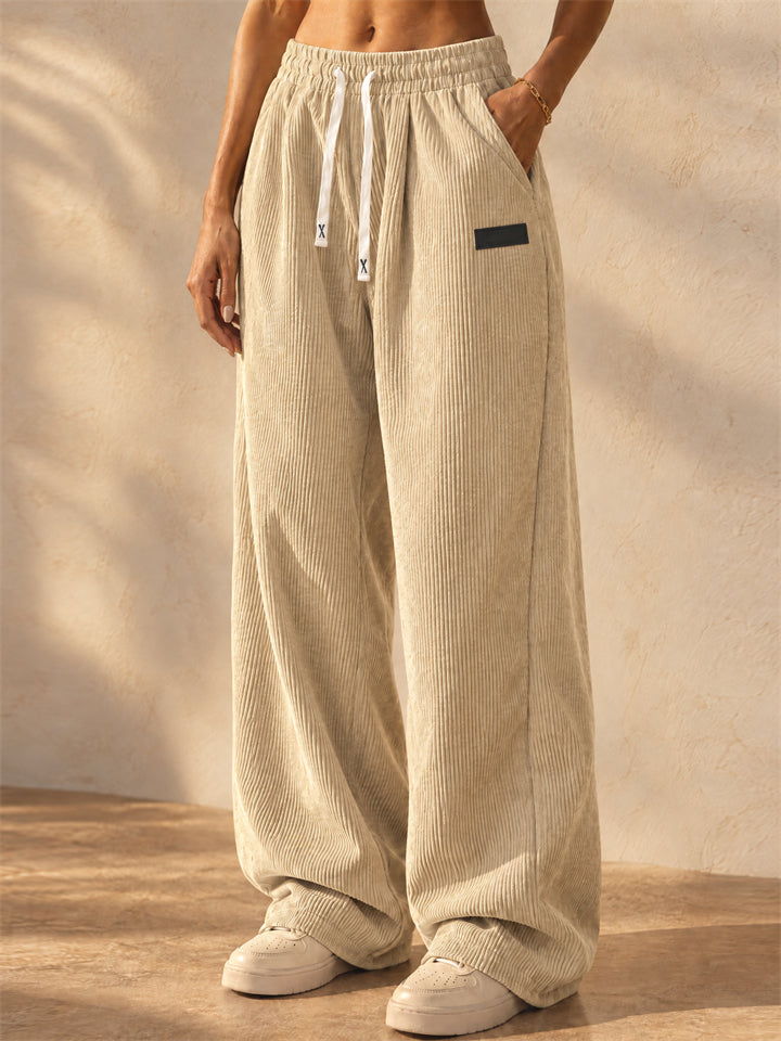 Women Corduroy Wide Leg Drawstring Elastic Waist Loose Fit Pants
