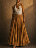 Women High Waist Crinkle Flowy Big Hem Boho Maxi Skirts
