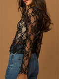 Sexy Sheer Lace Long Sleeve Sabrina Neck Shirts for Women