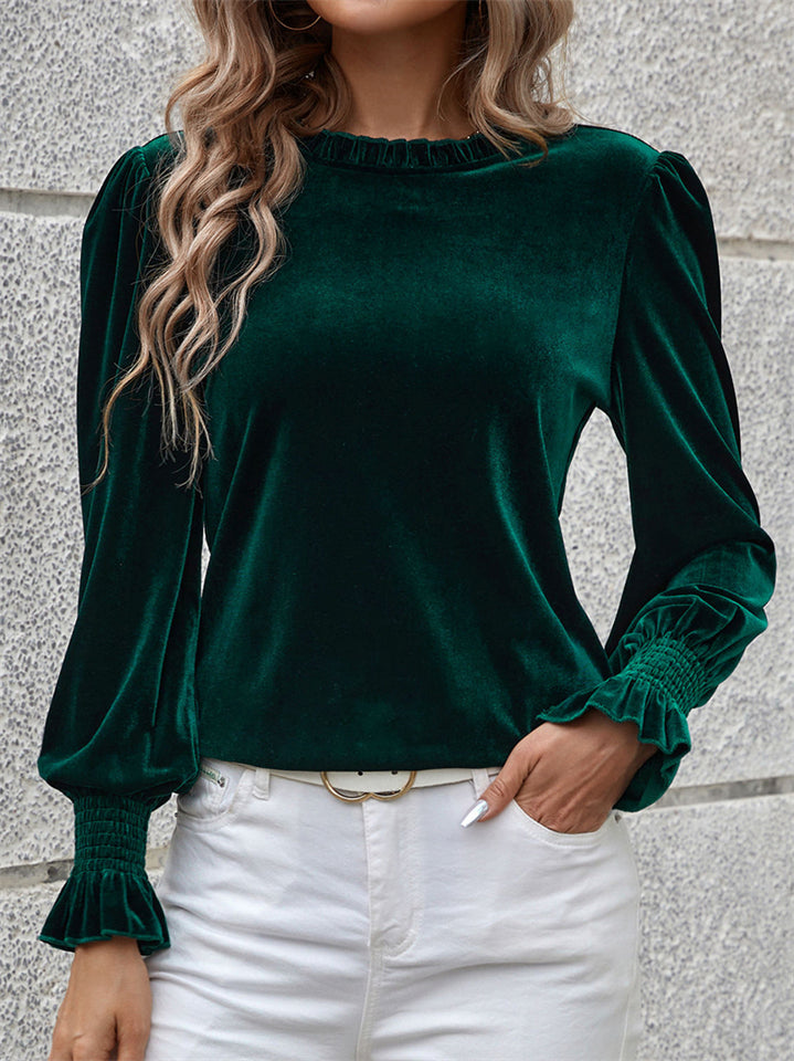 Women's Green Solid Color Velvet Long Puffed Sleeve Shirt