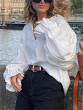 Women's French Style Simple White Lantern Sleeve Blouses