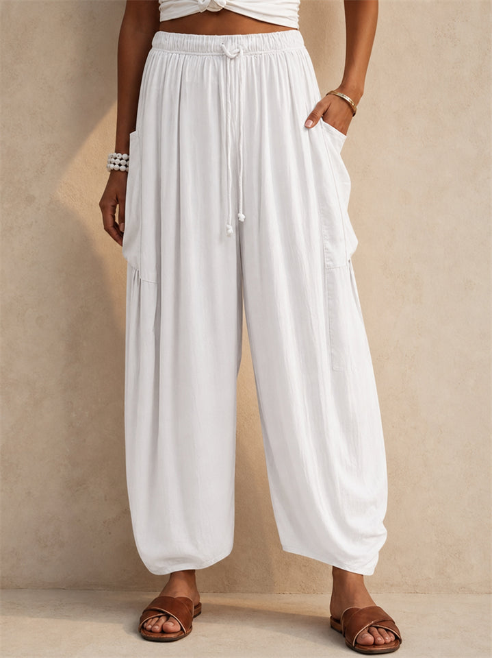 Womens Casual Cotton Linen High Waisted Lantern Pants