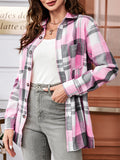 Sweet Pink Plaid Long Sleeve Button Blouse for Women