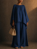 Women Linen Blend 2 Piece Oversized Boho Batwing Top and Wide Leg Pants Set