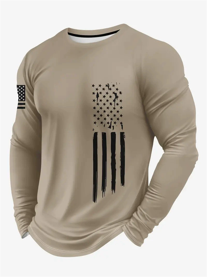 Men's Casual Round Neck American Flag Print Long Sleeve T-Shirts