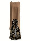 Women's Sleeveless Irregular Hem Camel Shirt + Ethnic Print Pants