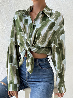 Women's Retro Casual Green Contrast Color Print Long Sleeve Blouses