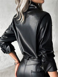 Women's Black Drilling Faux Leather Lapel Long Sleeve Blouses