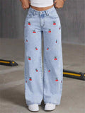 ‌Women's Light Blue Cherry Embroidered Denim Pants High-Waist Loose Fit