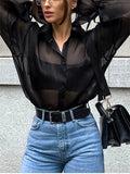 French Style Black Mesh Long Sleeve Blouses for Women