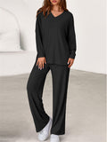 Women's Simple V Neck Long Sleeve Loose Fit Comfy Top and Pants Set