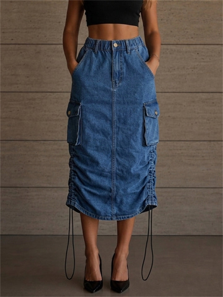 Women High Waist Elastic Ruched Jean Cargo Denim Midi Skirts