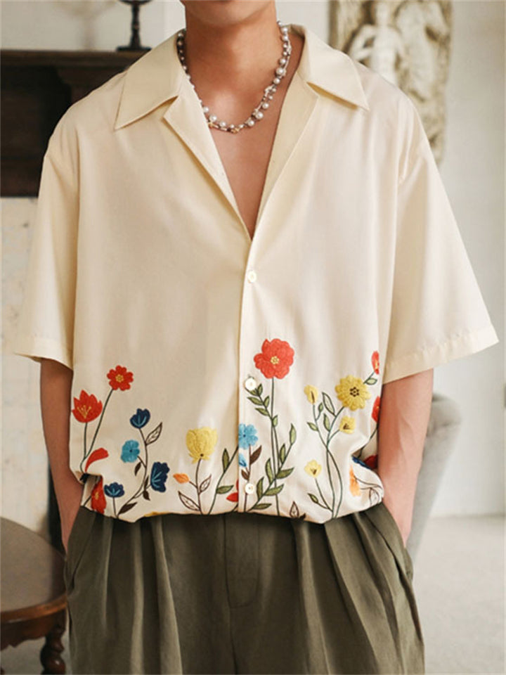 Men's Summer Hawaii Style Floral Print Button Up V Neck Short Sleeve Shirt