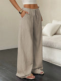 ‌Women's Summer Simple Mid-Waist Texture Loose Fit Wide Leg Pants