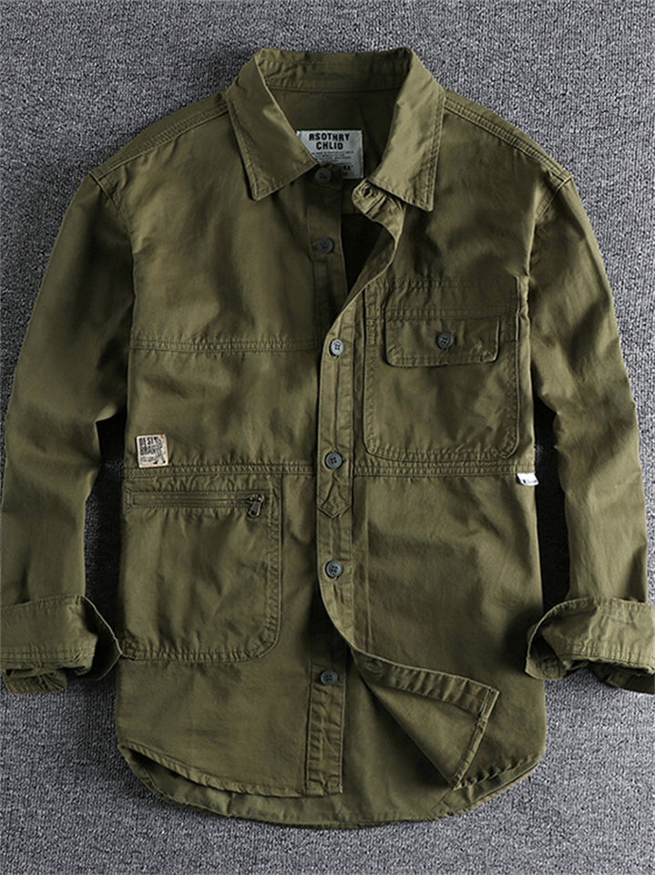 Men's Retro Distressed Solid Color Long Sleeve Cargo Shirts