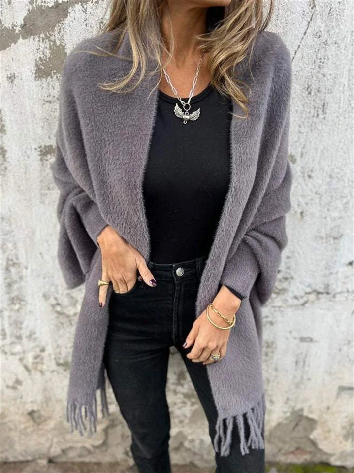 Women's Autumn Solid Color Soft Cardigan Cloak with Fringe Decor
