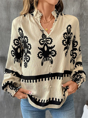 Ladies' Autumn Vintage Ethnic Style Printed Stand Collar Button Up Blouses