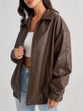 ‌Stylish Faux Leather Lapel Oversized Moto Jacket for Women
