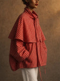Women Red Plaid Capelet Jacket Oversized Drawstring Top
