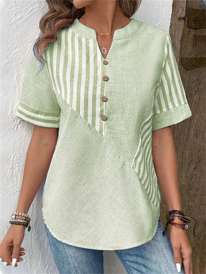 Women's Casual Stripe Patchwork V Neck Short Sleeve T-Shirt