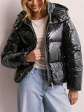 ‌Women's Shiny Short Puffer Jacket with Hood Warm Winter Coat‌s