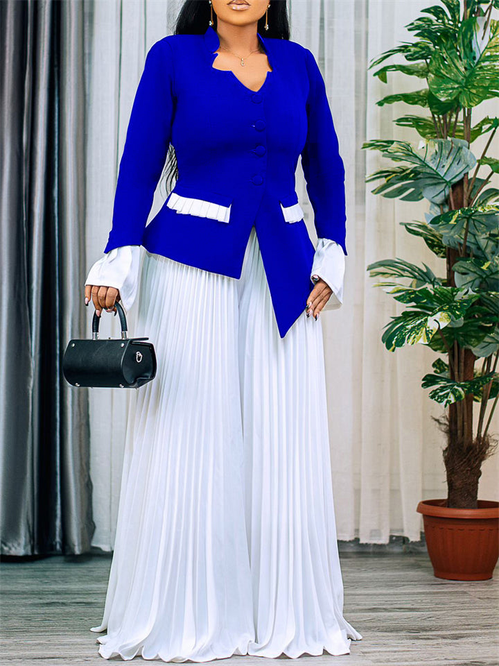 Women's Long Sleeve Flared Sleeve Blouse and Pleated Wide-leg Pants Suit