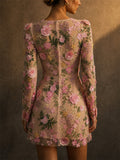 Women 3D Floral Embroidered Long Sleeve Mesh Mini Dress