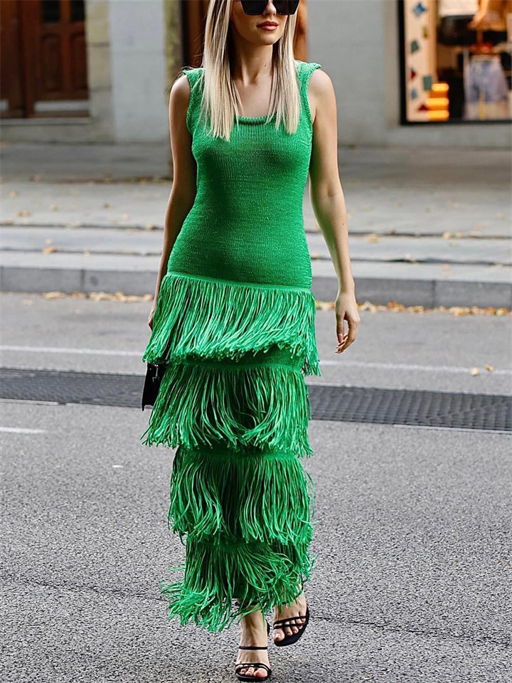 Women's Solid Color Fringe Hem Sleeveless Knitted Strap Dress