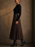 Women Vintage Brown High Waist Buckle Plaid Pleated Skirt