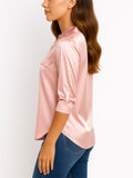 Ladies' Pink V Neck Zipper 3/4 Sleeve Satin Blouses