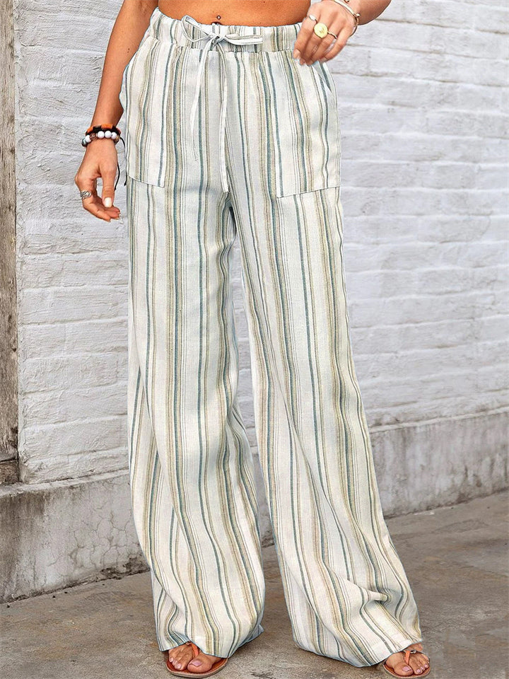 Women's Summer Stripe Pockets Drawstring Wide Leg Pants