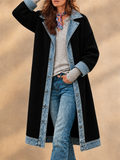 Women Casual Knit Denim Trim Long Cardigan Button Down Coat