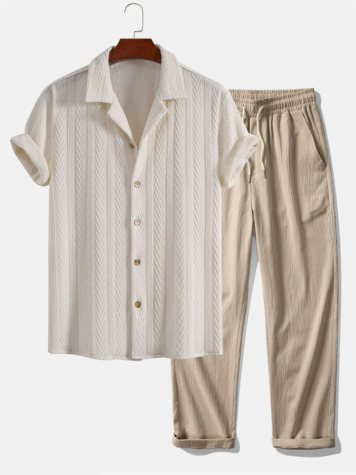 Mens Casual Summer Outfit Textured Shirt and Pants Beach Set