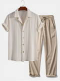Mens Casual Summer Outfit Textured Shirt and Drawstring Pants Beach Set