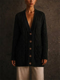 Women Long Cable Knit Button Down Cardigan Sweater with Pockets