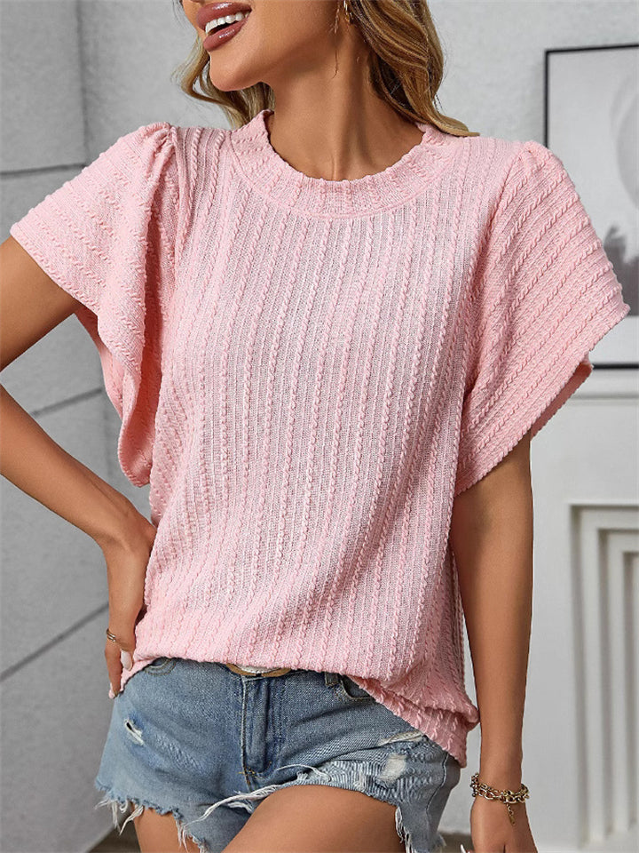 Women's Solid Color Jacquard Round Neck Short Sleeve Shirt