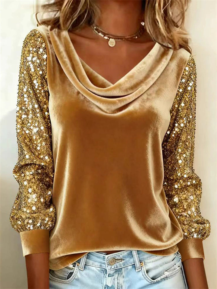 Women's Vintage Velvet Long Sleeve Cowl Collar‌ Blouses with Sequin Sleeves
