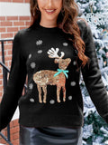 Women's Cute Sequins Patchwork Christmas Pattern Pullover Round Neck Sweaters