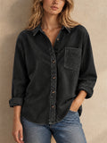 Women Corduroy Button Down Shirt Long Sleeve Pocket Casual Blouse