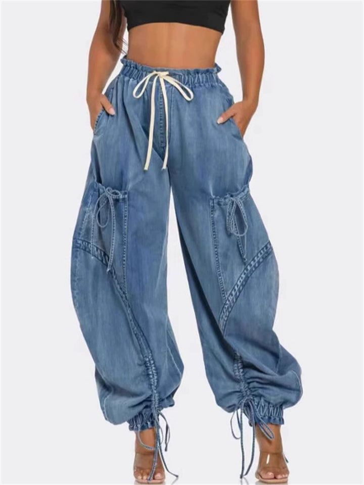 Women's Drawstring High Waist Baggy Tie Hem Joggers Denim Cargo Pants